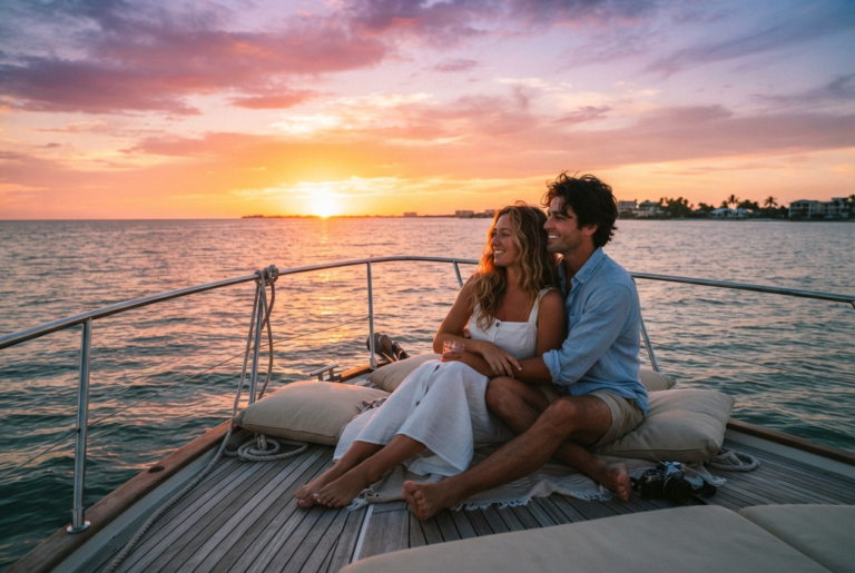 Couple watching the sunset from a boat on a Siesta Key sunset cruise