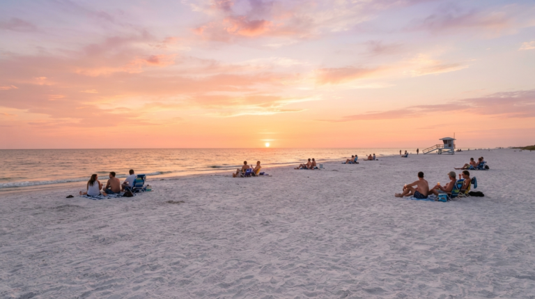 Visitors on blankets watching the Siesta Key sunset from Siesta Key Beach in Sarasota, Florida