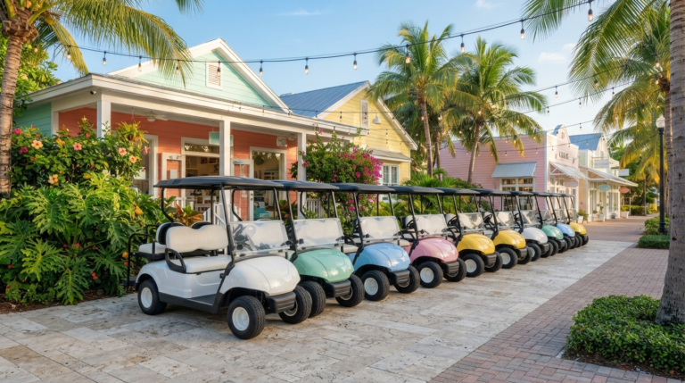 Row of electric carts lined up for Siesta Key golf cart rental outside a Village shop