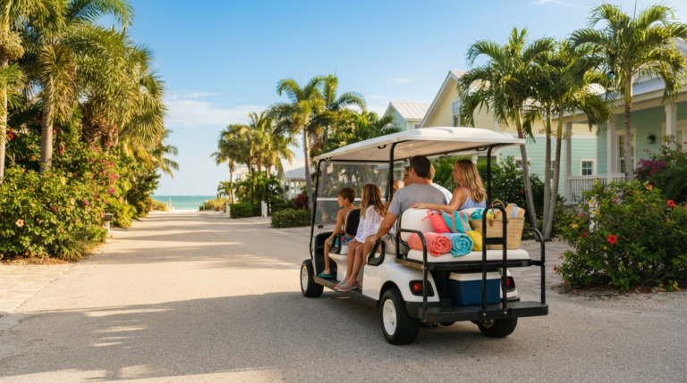 Siesta Key golf cart rental driving down a palm lined street with a family heading to the beach