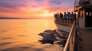 Dolphins surfacing beside a tour boat during a sunset cruise off Siesta Key