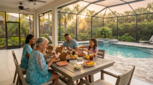 Family eating seafood takeout on the lanai of a Siesta Key vacation rental