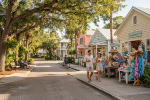 Shaded sidewalk with benches and beach shops near Ocean Boulevard in Siesta Key Village