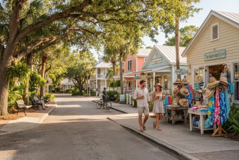 Shaded sidewalk with benches and beach shops near Ocean Boulevard in Siesta Key Village