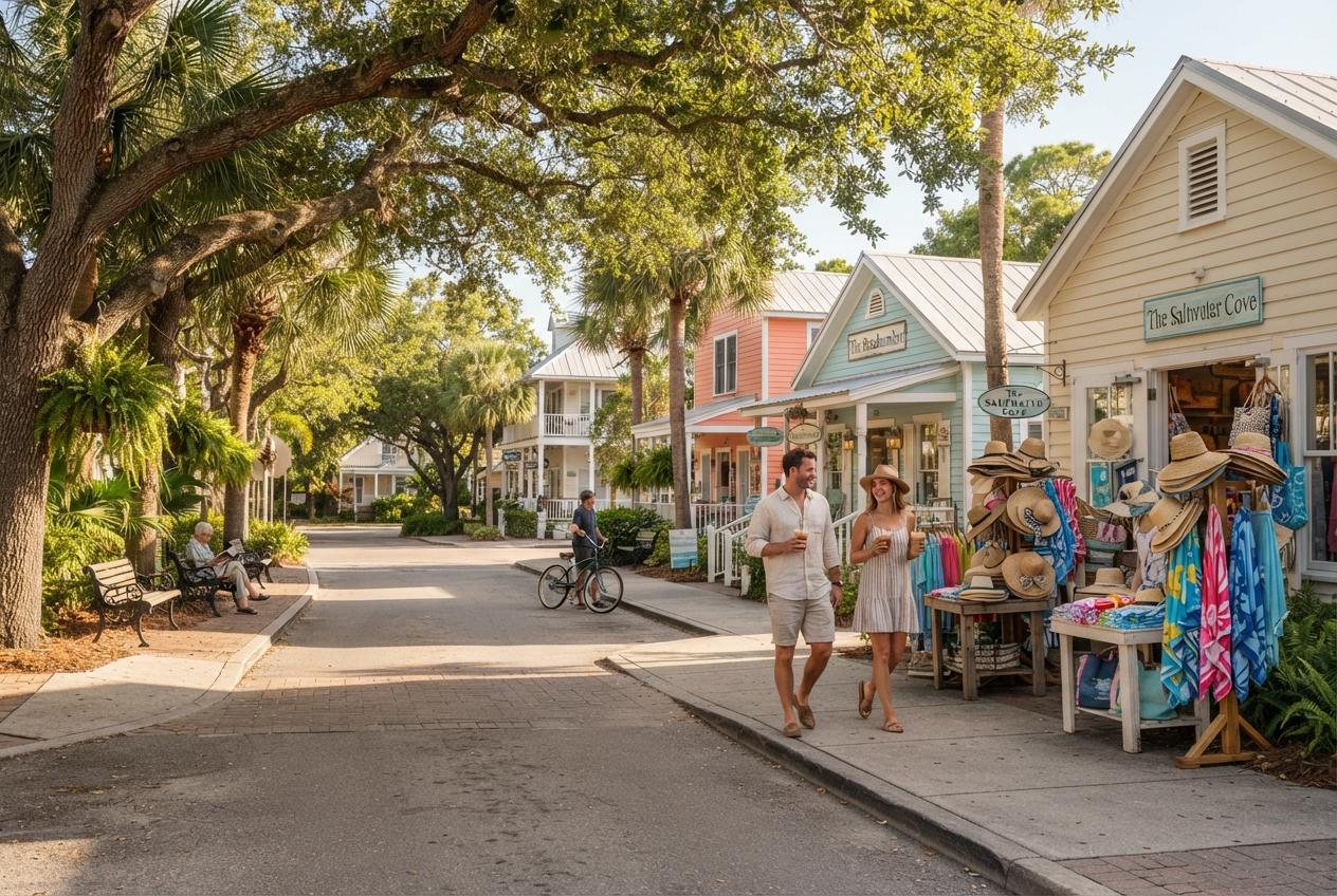 Shaded sidewalk with benches and beach shops near Ocean Boulevard in Siesta Key Village